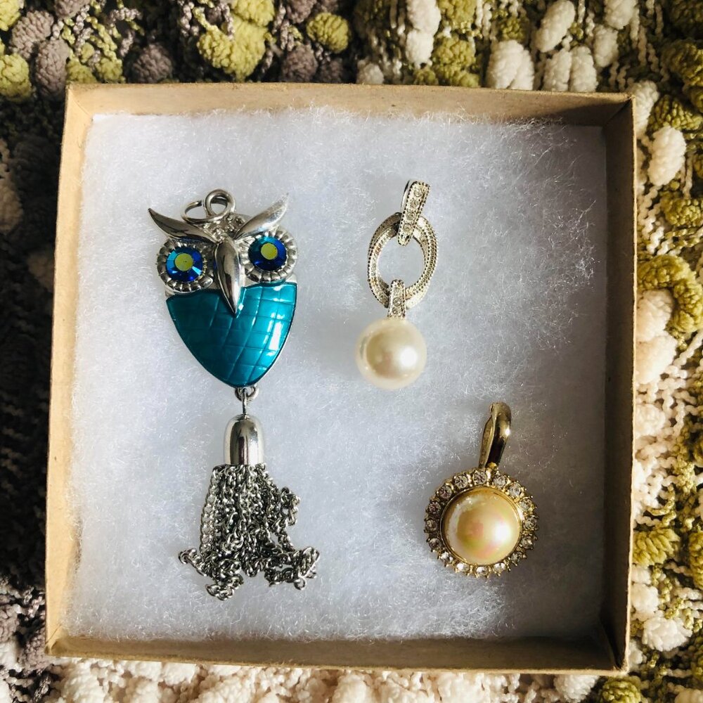 Pendants - Owl, Pearl with crystals, Pearl with silver